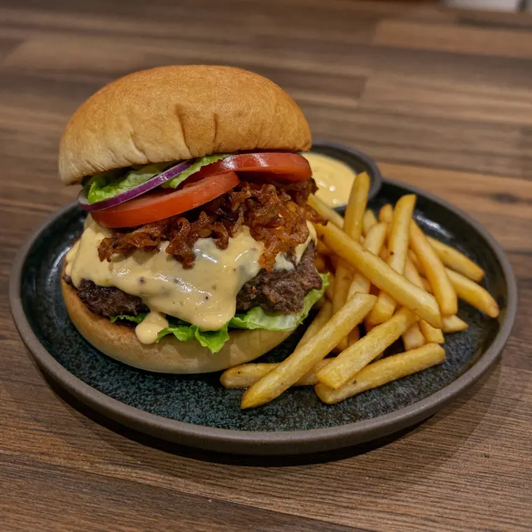 Saftiger Burger mit Cheddar, Tomate, Röstzwiebeln und Fritten bei Sorry Mama Köln