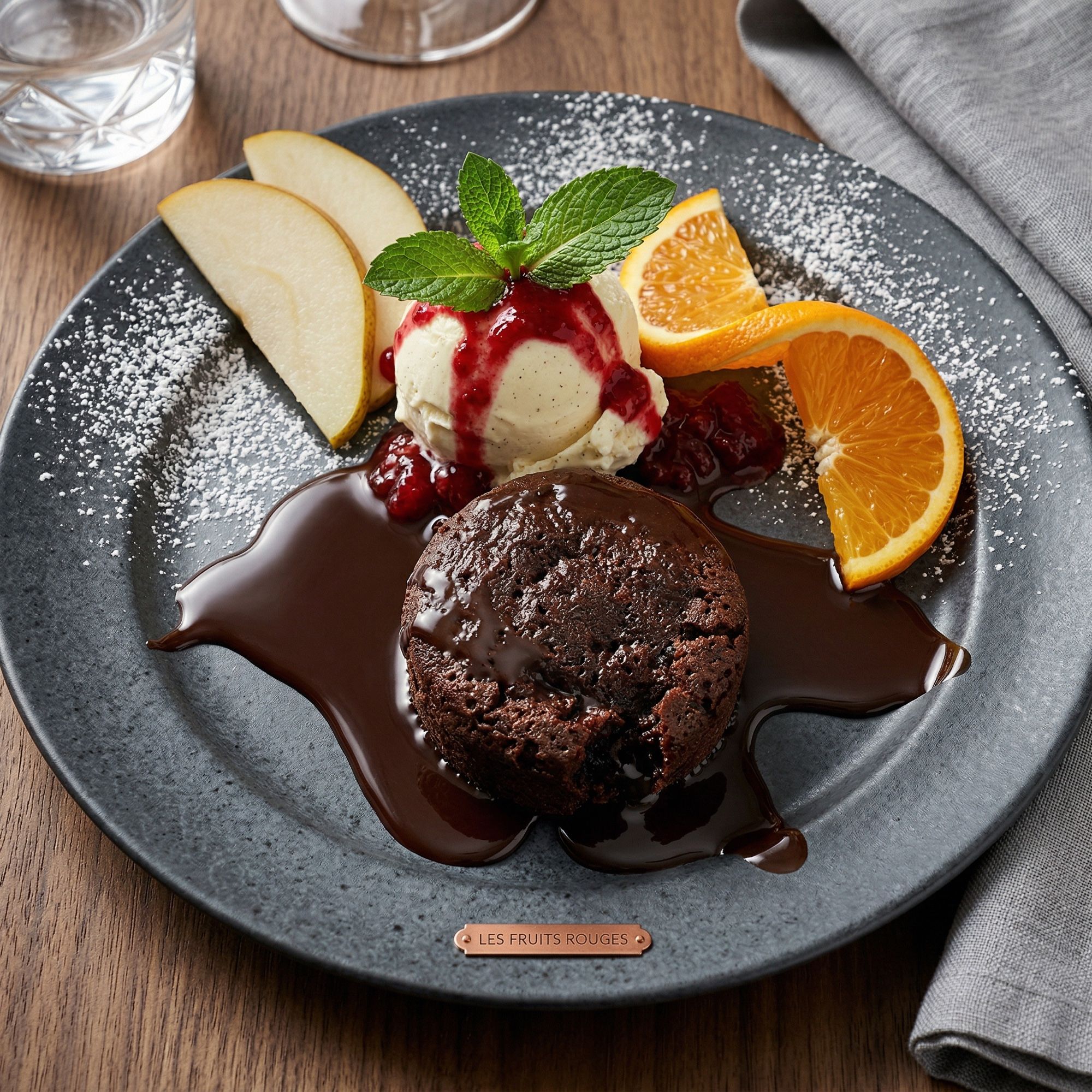 Schoko-Lavatörtchen mit Vanilleeis als Dessert im Catering