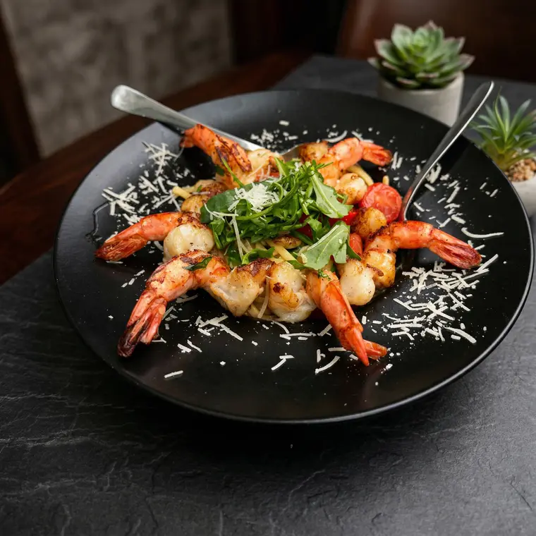 Gebratene Gambas mit Parmesan und Rucola auf schwarzem Teller bei Sorry Mama Köln