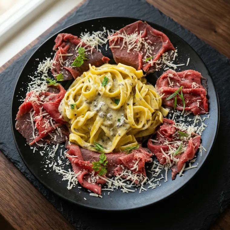 Hausgemachte Bandnudeln mit Trüffelcreme und Parmesan bei Sorry Mama Köln