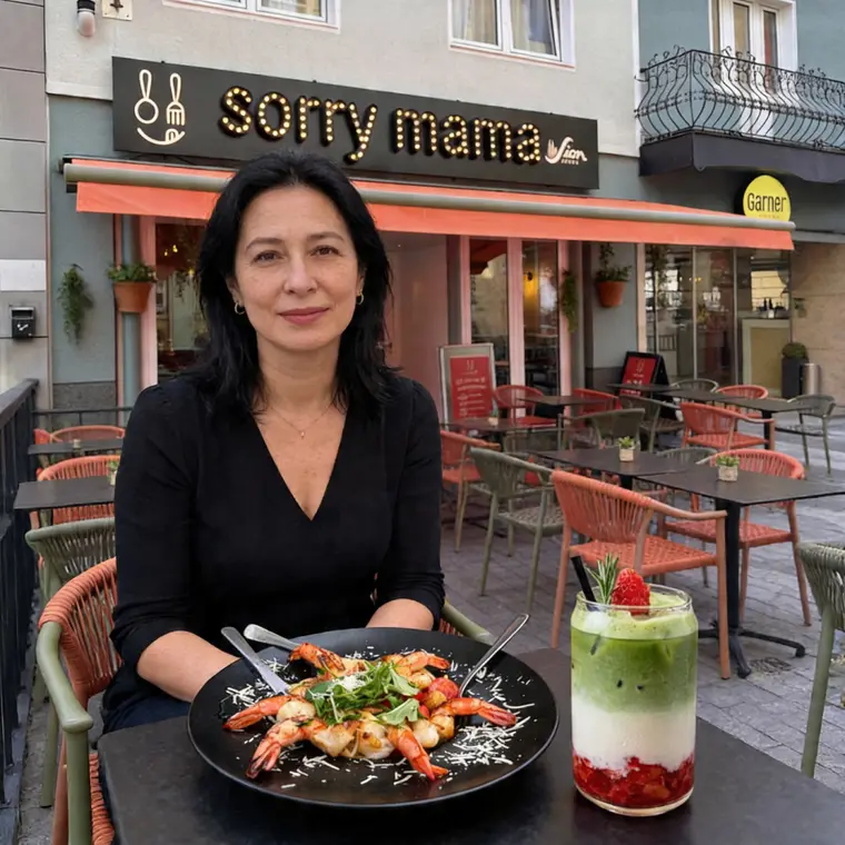 Terrasse von Sorry Mama in Köln mit servierten Gambas und Matcha-Drink auf dem Tisch