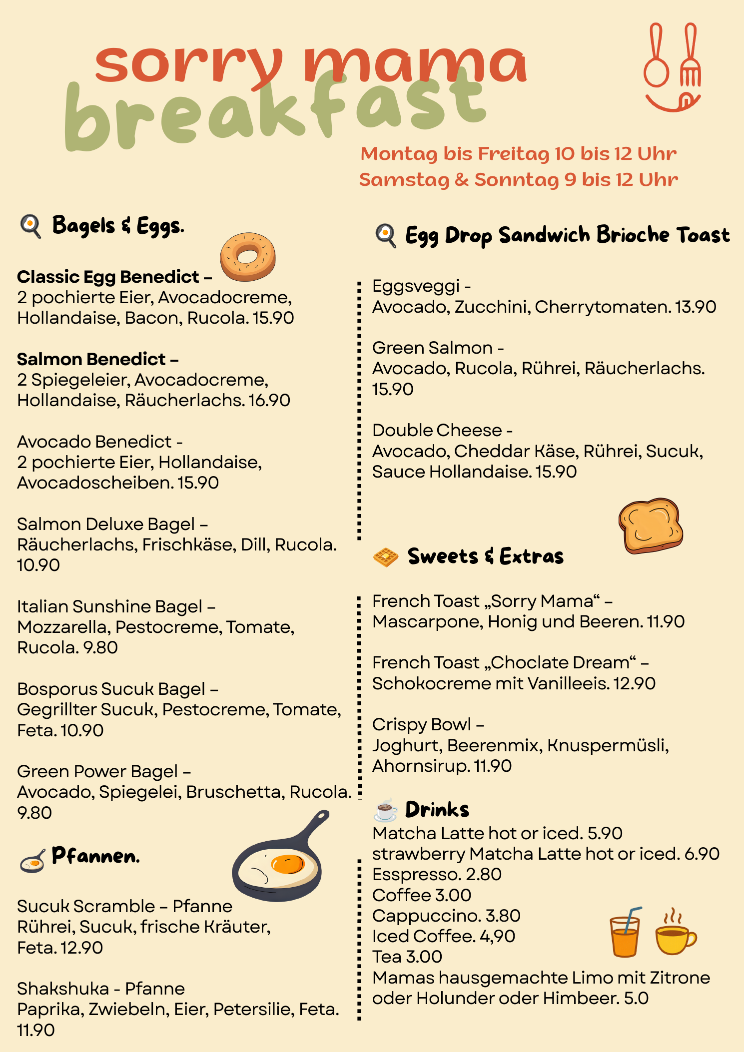 Original Sorry Mama breakfast menu in German and English